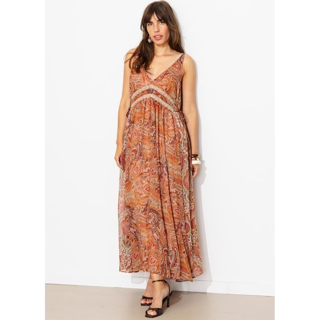 Robe longue imprimée imprimé ocre <span itemprop=