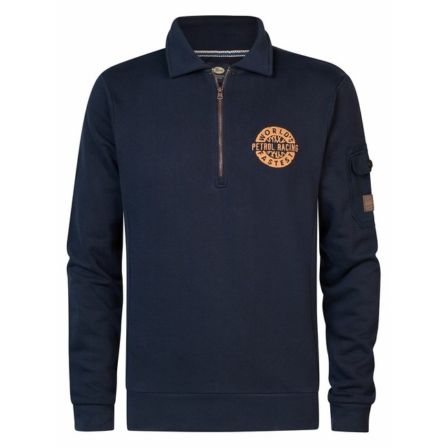 Embroidered Logo Cotton Sweatshirt with Half Zip, navy blue, PETROL INDUSTRIES