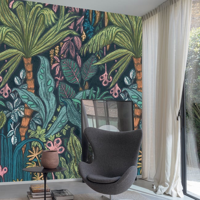 Papier peint tropical psyché Couleur vert <span itemprop=