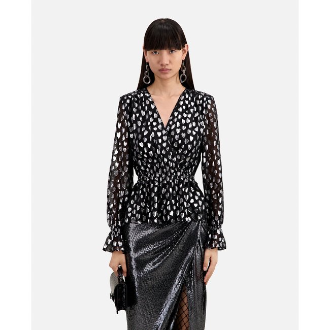 Blouse col V manches longues motifs cœurs  noir/argent <span itemprop=