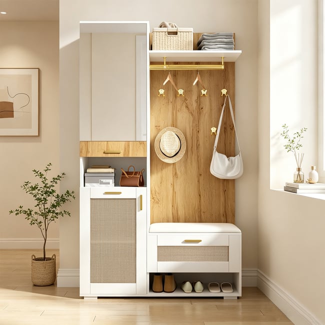 Vestiaire d'entrée avec miroir banc et rangement, PORTER-K - MEUBLES COSY