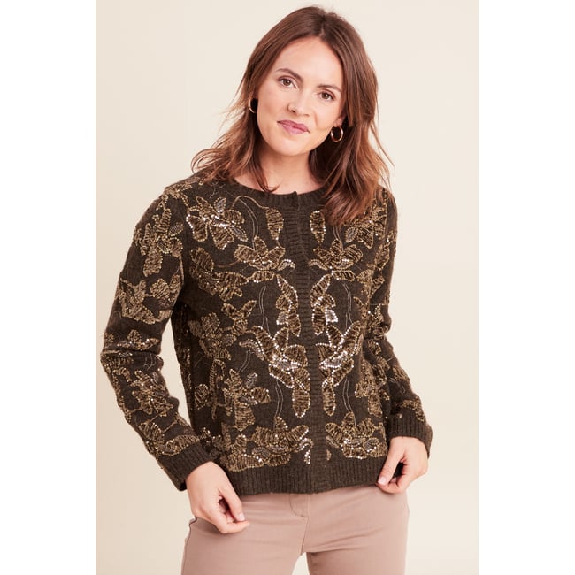 Gilet droit mi-long brodé à sequins vert kaki <span itemprop=