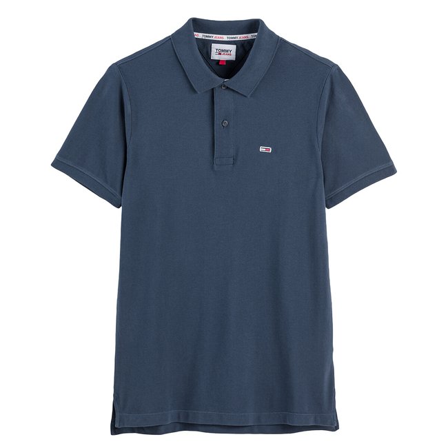 Polo slim em malha piqué, Placket marinho <span itemprop=
