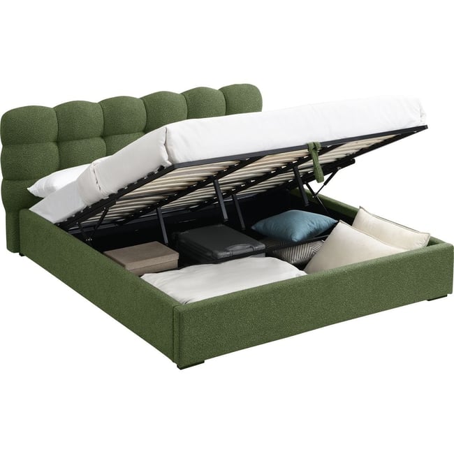 Lit coffre avec tête de lit en tissu bouclé - LOLA Couleur tissu bouclé vert <span itemprop=