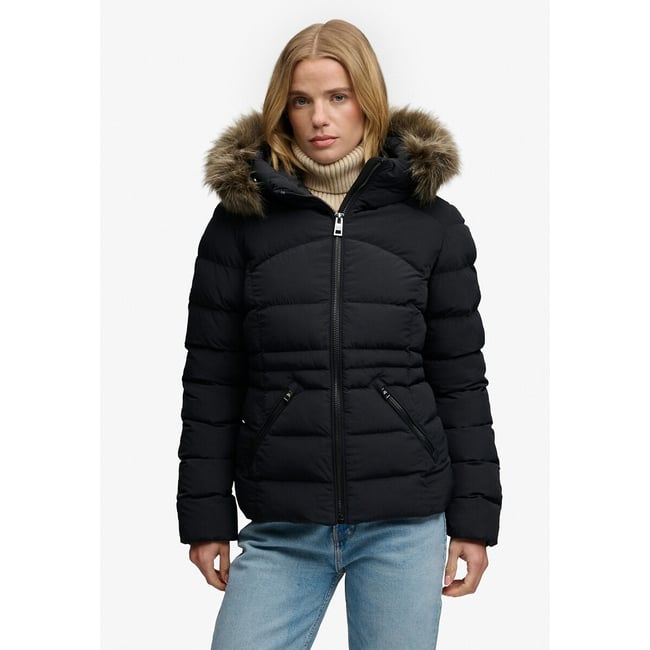 Chaqueta acolchada con capucha de pelo Fuji negro <span itemprop=