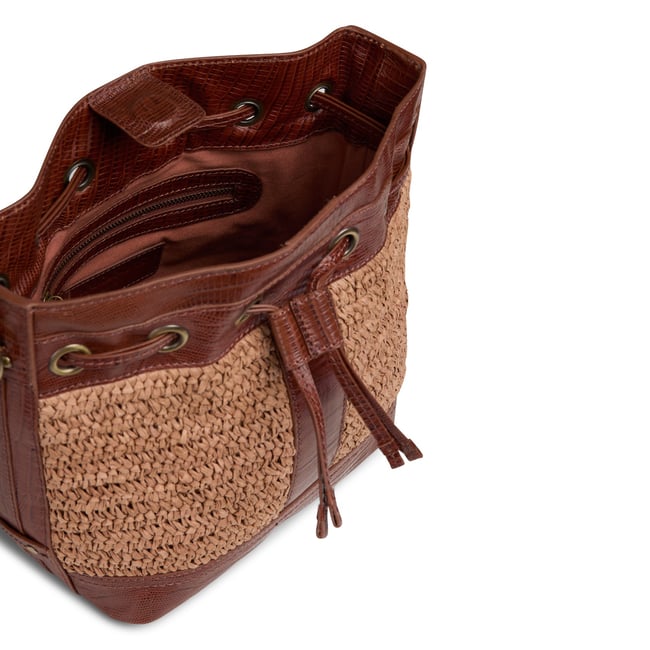 Sac seau en cuir et raphia MAX marron <span itemprop=