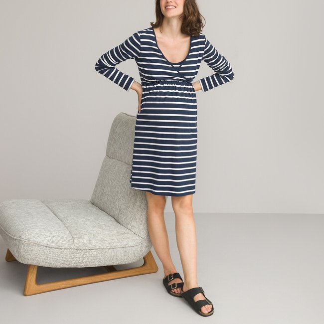 Chemise de nuit de grossesse en coton bio bleu marine/blanc <span itemprop=