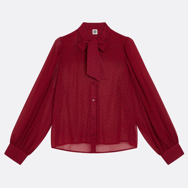 Chemise lavallière à pois manches longues imprimé pois <span itemprop=