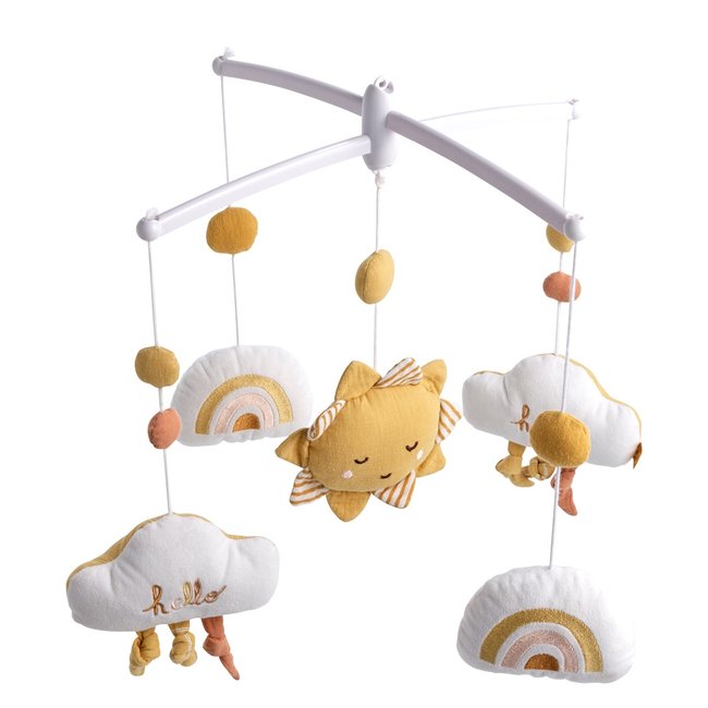 Mobile musical en coton blanc <span itemprop=