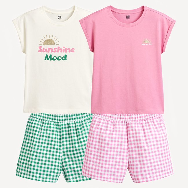Lot de pyjashorts coton rose + vert <span itemprop=