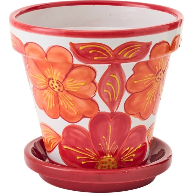 Cache-pot en céramique à motif floral Couleur orange et blanc <span itemprop=