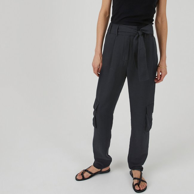 Pantalon cigarette lyocell et lin, poches battle noir <span itemprop=