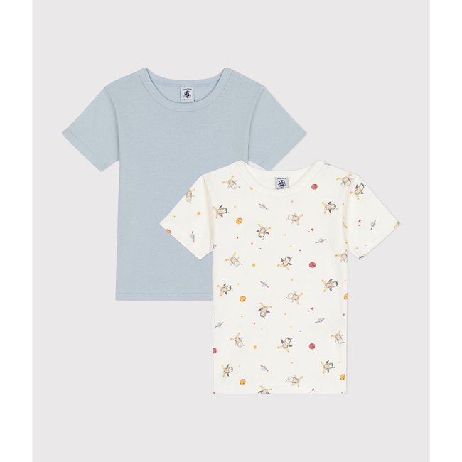Pack of 2 T-Shirts in Cotton with Short Sleeves, printed + blue, PETIT BATEAU