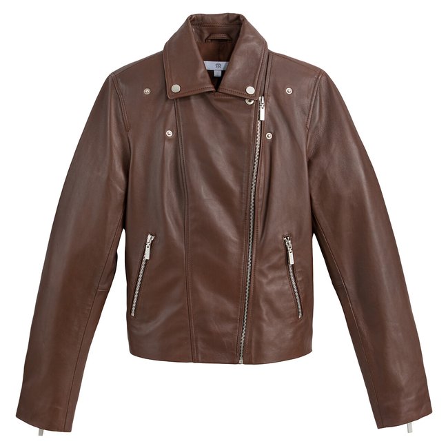 Blouson biker en cuir marron <span itemprop=