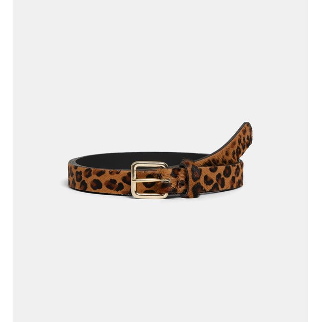 Ceinture fine hicat leopard en cuir et poils ras camel <span itemprop=