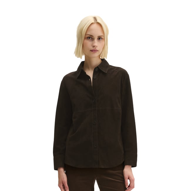 Chemise en cuir coupe classique en cuir de chèvre velours souple marron <span itemprop=