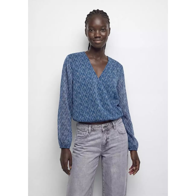 Blouse fluide imprimée avec détail de nœud bleu pétrole <span itemprop=