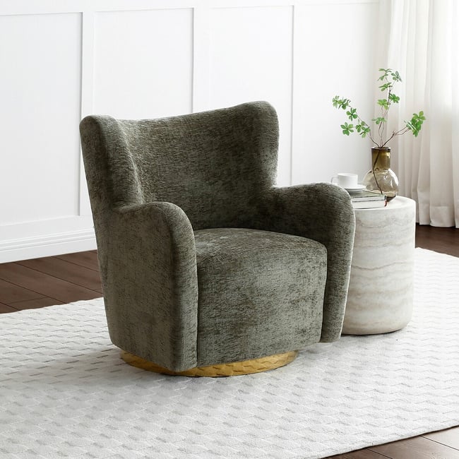 Lenny Chenille Swivel Chair with Gold Base, olive, ÉDITÉ