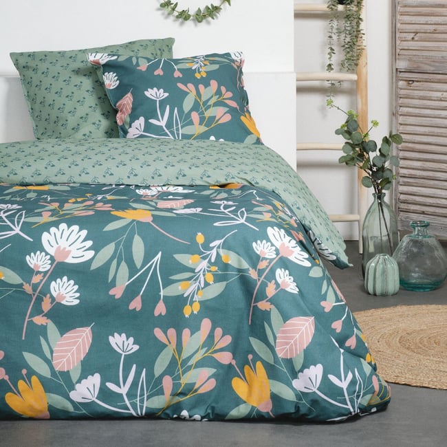 Parure de lit 2 personnes imprimé coton SUNSHINE HORTENSE bleu <span itemprop=
