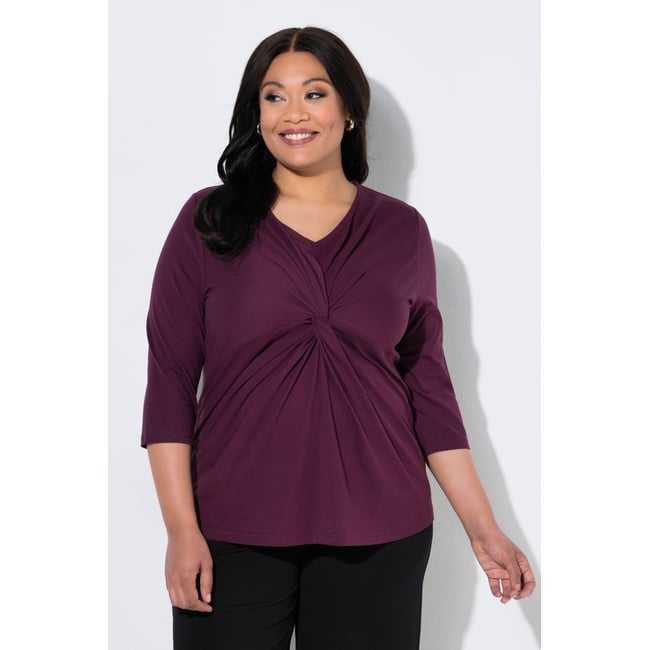 T-shirt, nœud décoratif, col en V Manches 3/4 brun nougat <span itemprop=