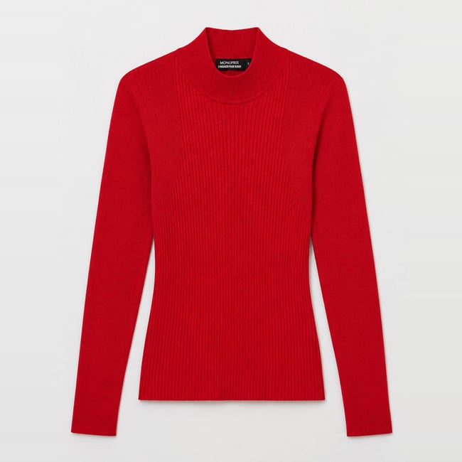 Pull manches longues à côtes uni en coton et cachemire mélangés poivron <span itemprop=