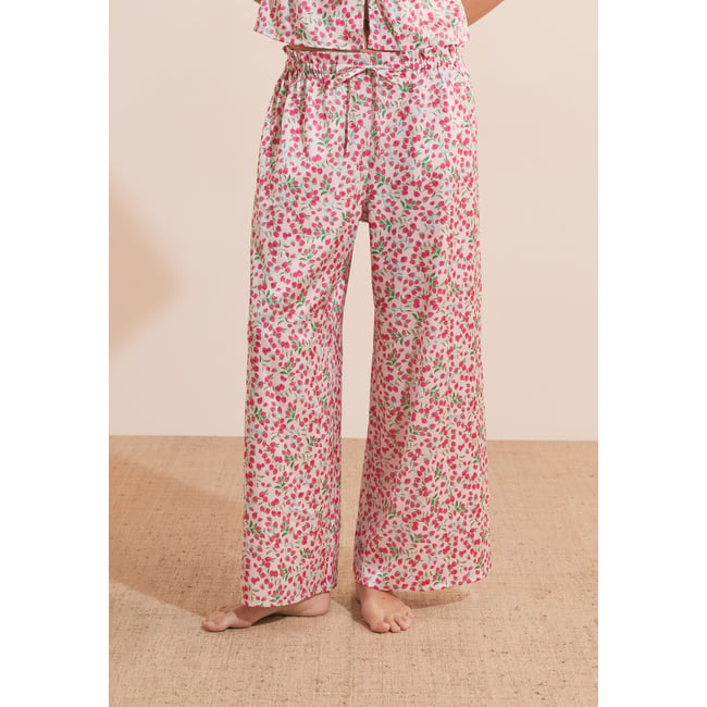 Pantalon de pyjama à motifs fleuris satiné FEUILLINE imp fond rose <span itemprop=