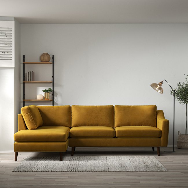 Rosa Curve Velvet Chaise - Left facing with Dark Wood Legs - SO'HOME