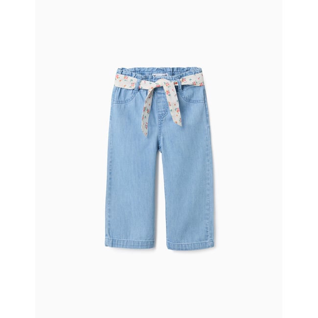 Pantalon en jean à jambe large avec ceinture à motif floral bleu <span itemprop=