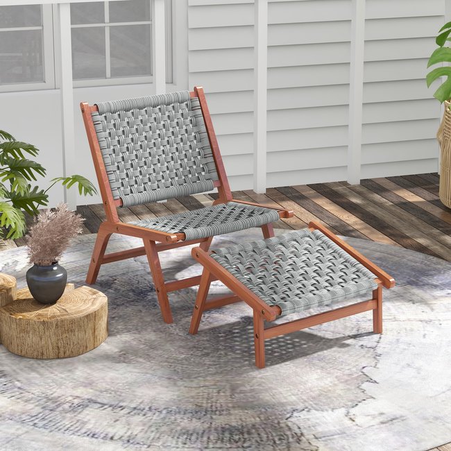 Fauteuil relax de jardin avec repose-pied bois d'acacia résine tressée grise gris <span itemprop=