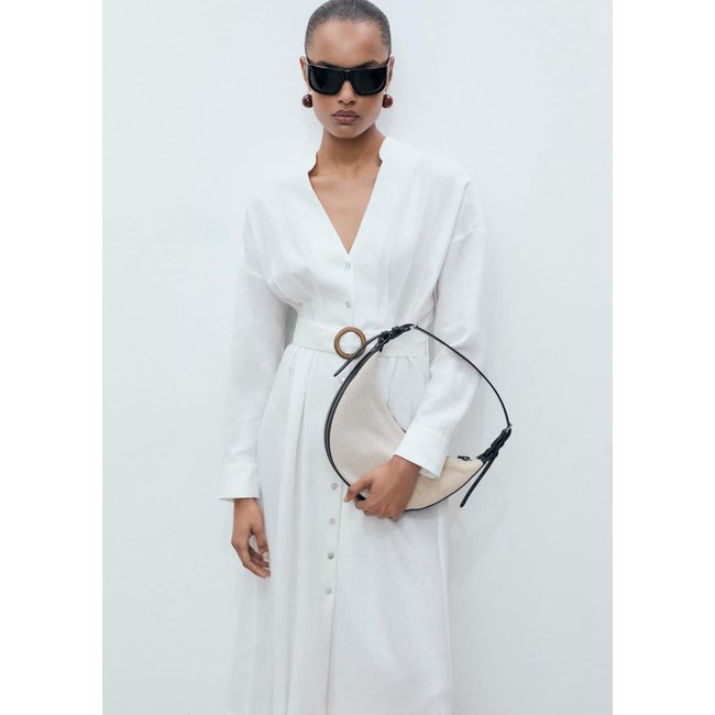 Robe chemisier lin ceinture blanc <span itemprop=