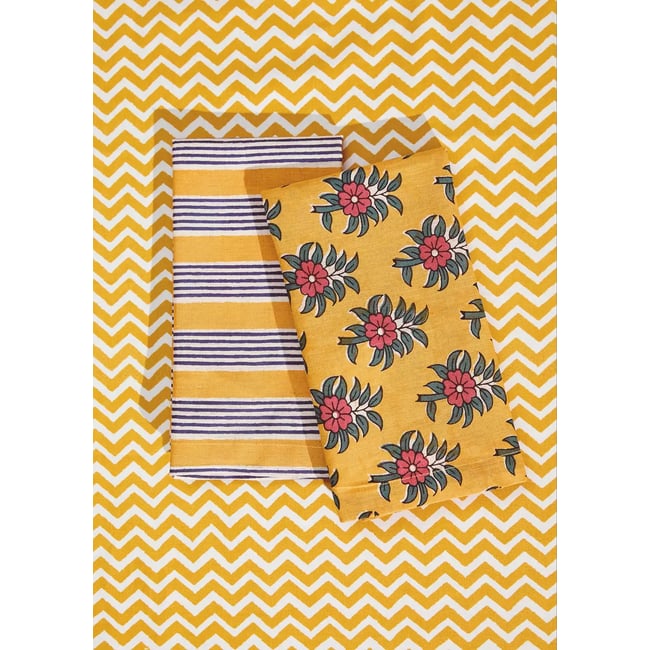 Serviettes en coton et lin à rayures et fleurs jaune <span itemprop=