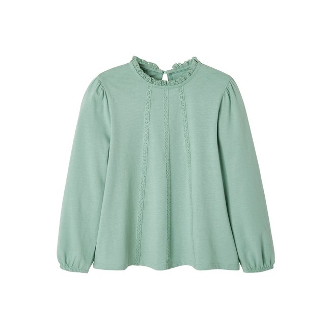 Tee-shirt blouse détails en macramé vert clair uni <span itemprop=