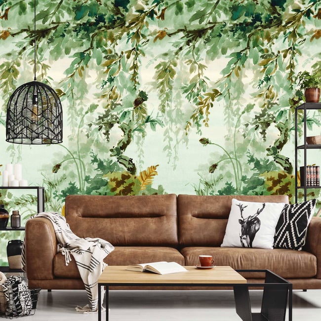Papier peint effet aquarelle jungle Couleur vert <span itemprop=