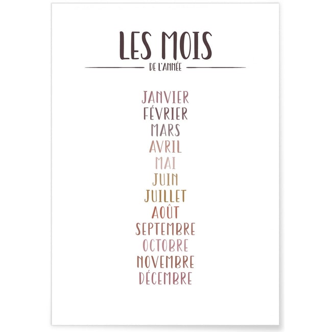 Affiche Les mois de l'année Couleur blanc <span itemprop=