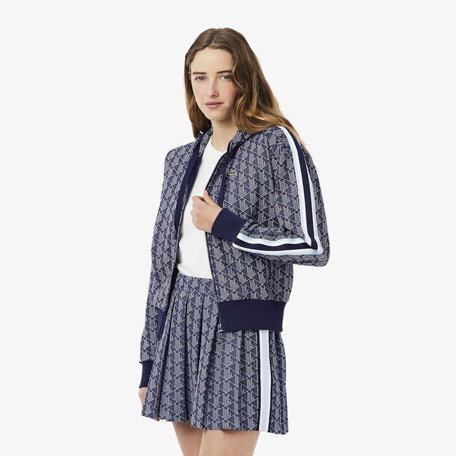 Felpa con cappuccio in jacquard monogram e zip marine/bianco LACOSTE