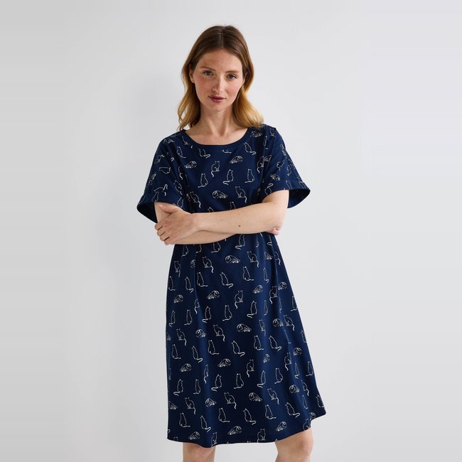 Chemise de nuit manches courtes imprimée en coton BIO marine <span itemprop=