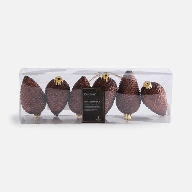 Lot de 6 pommes de pin de Noël à suspendre, CASPAR Couleur brun <span itemprop=