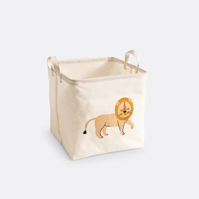 Panier cube motif lion, Junglito ecru <span itemprop=