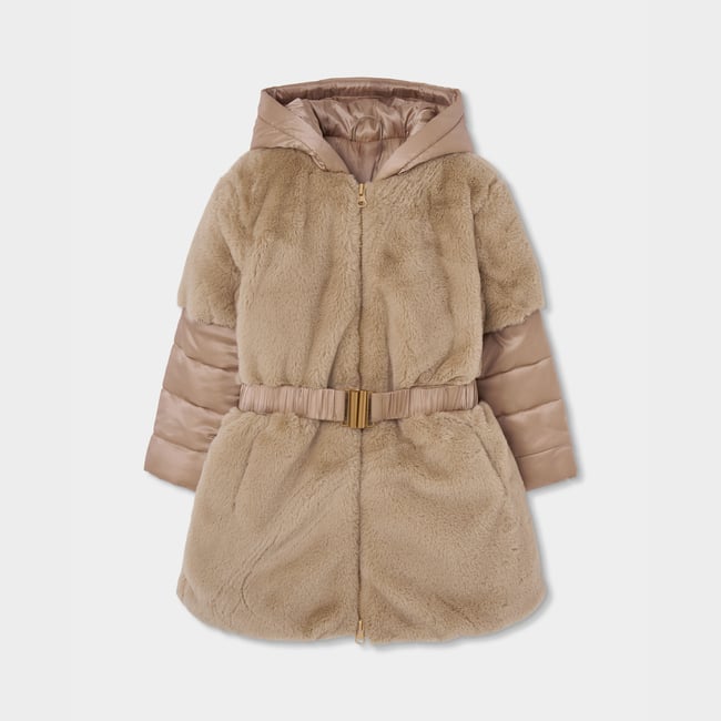 Parka fille en tissu technique avec ceinture jaune <span itemprop=