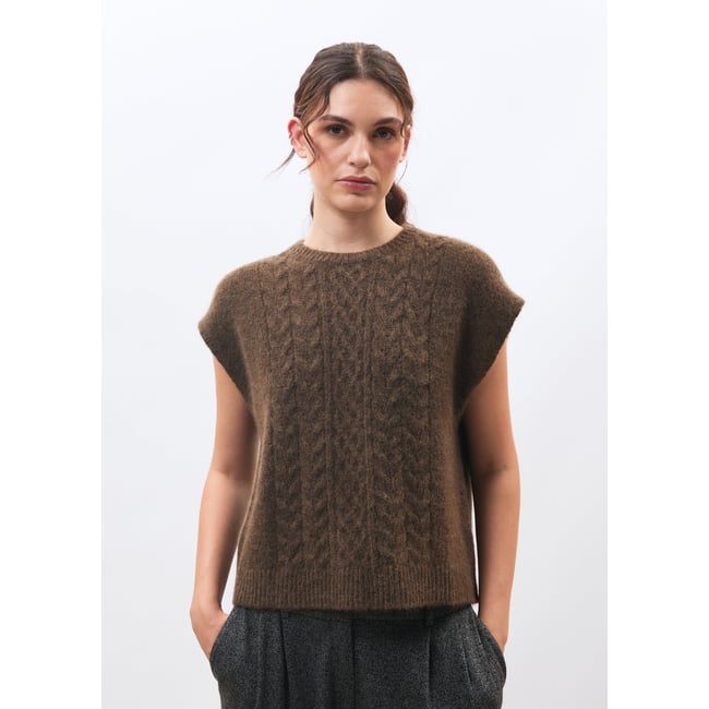 Pull sans manches col rond taupe <span itemprop=