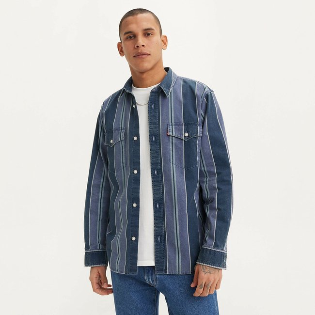 Camisa amplia de twill de rayas azul denim <span itemprop=