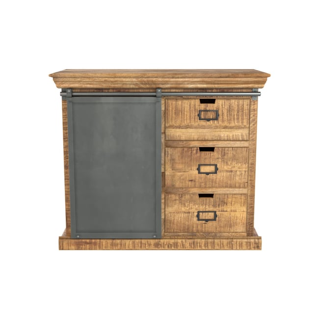 Petit buffet en bois et métal 1 porte 3 tiroirs - TABUK Couleur bois foncé et métal gris foncé <span itemprop=