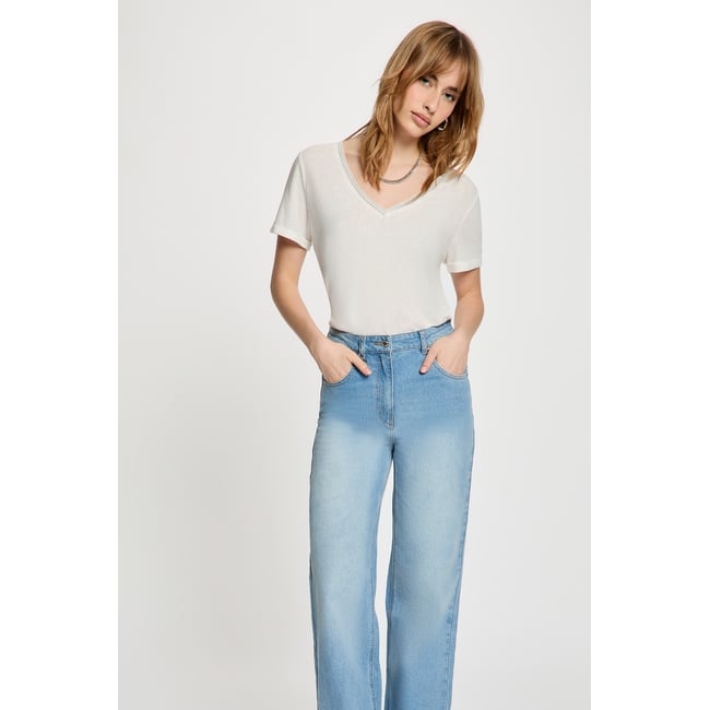 T-shirt col v perlé blanc <span itemprop=