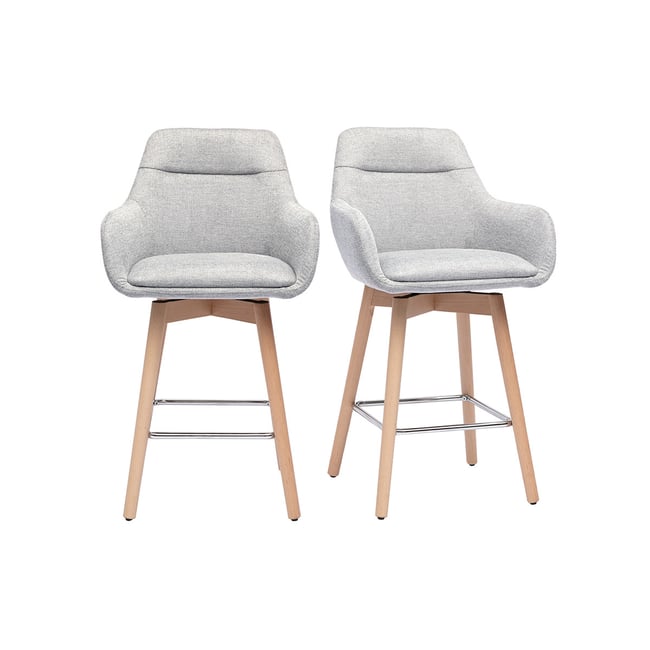 Tabourets de bar scandinaves pivotants 360° en tissu effet velours texturé beige et bois clair H65 cm (lot de 2) ALESS Couleur gris <span itemprop=