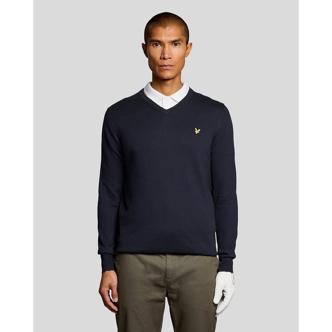 Pull en mélange de coton col V bleu foncé marine <span itemprop=