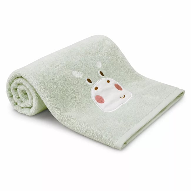 Drap de douche pur coton PETIT HIPPO vert d'eau <span itemprop=