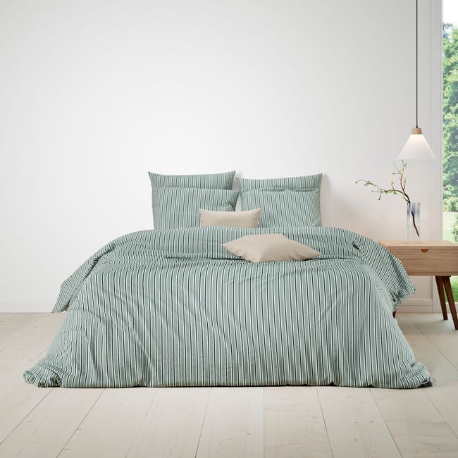 Parure de lit coton rayure céladon  - WARREN vert céladon <span itemprop=