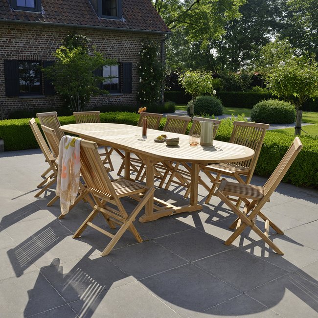 Salon de jardin en teck massif extensible 8/10 places  MIDLAND naturel <span itemprop=