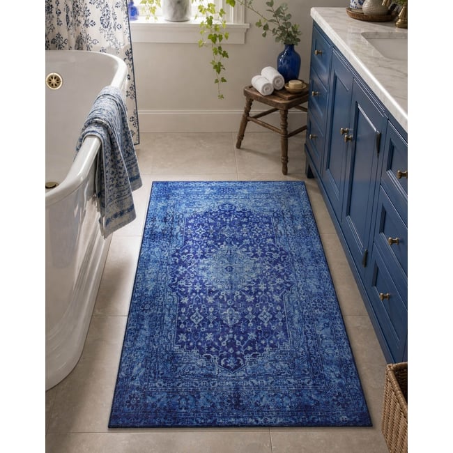 Tapis de bain WECONhome Ralph, design vintage oriental, dos TPE antidérapant, lavable 30 °C, certifié OEKO-TEX® ,  Ralph bleu multicolore <span itemprop=