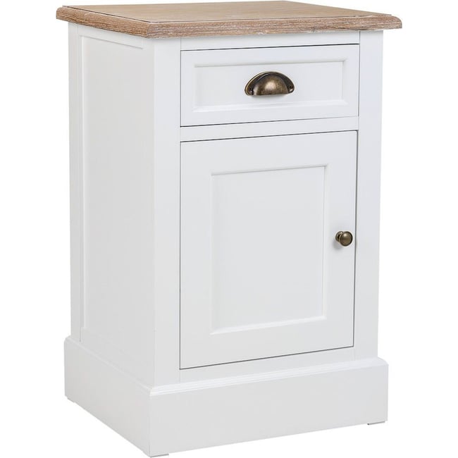 Table de chevet en bois avec tiroir et porte Couleur blanc bois naturel et touches dorées <span itemprop=